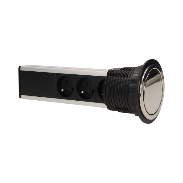 Gniazdo meblowe Ø8cm wysuwane z blatu z przewodem 1,8m, 3x2P+Z, INOX