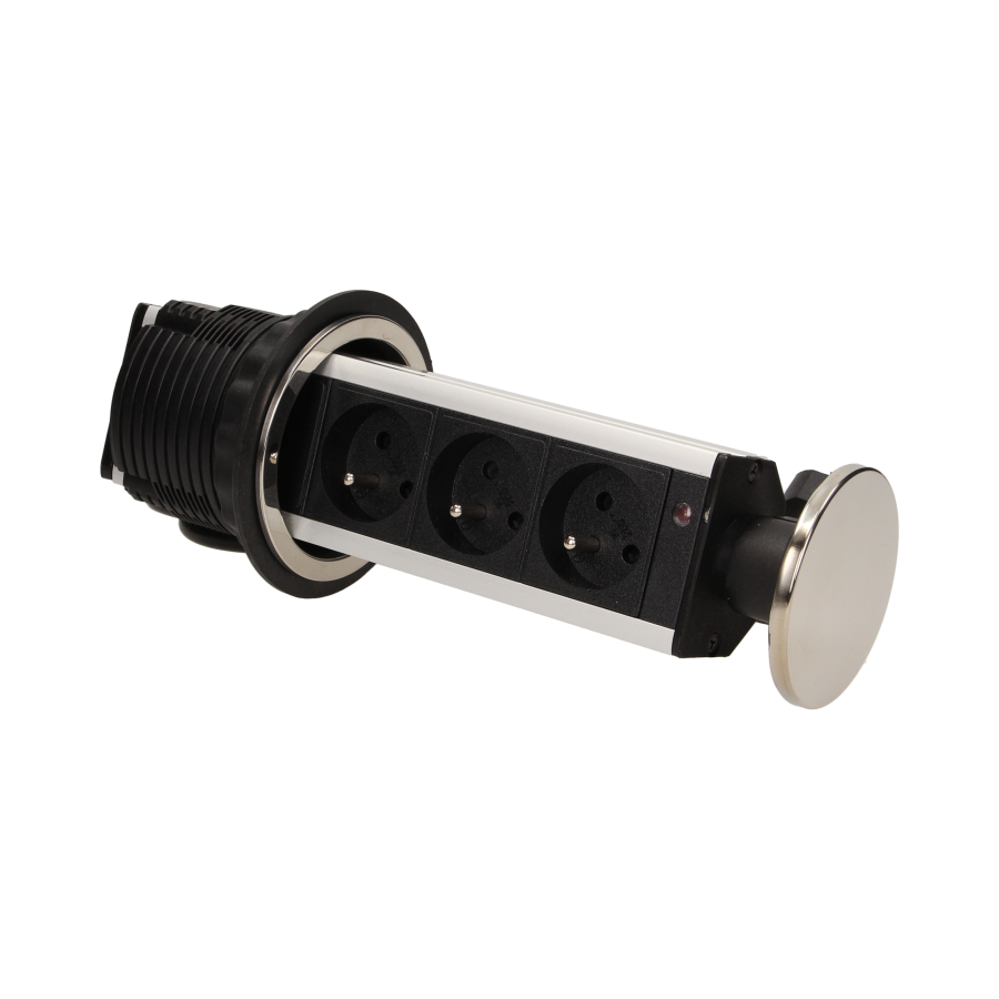 Gniazdo meblowe Ø8cm wysuwane z blatu z przewodem 1,8m, 3x2P+Z, INOX