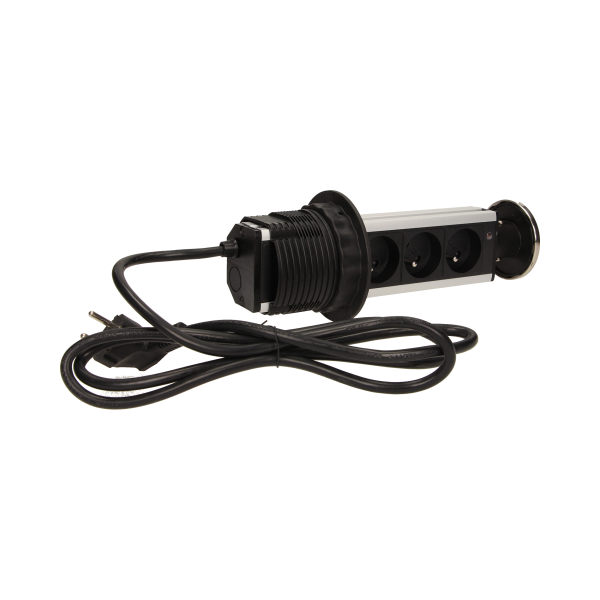 Gniazdo meblowe Ø8cm wysuwane z blatu z przewodem 1,8m, 3x2P+Z, INOX