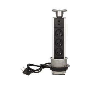 Gniazdo meblowe Ø8cm wysuwane z blatu z ładowarką USB i przewodem 1,8m, 3x2P+Z, 2xUSB