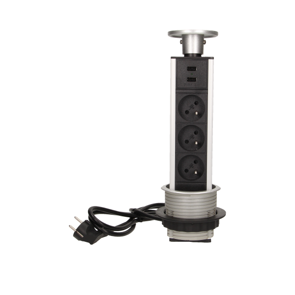 Gniazdo meblowe Ø8cm wysuwane z blatu z ładowarką USB i przewodem 1,8m, 3x2P+Z, 2xUSB