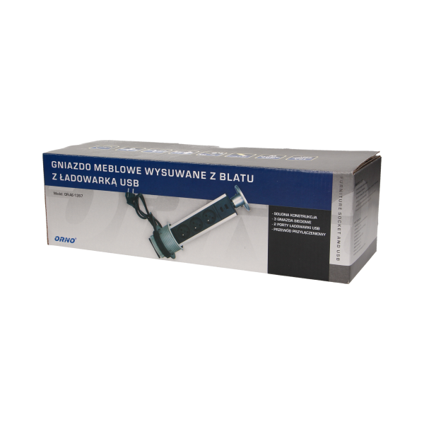 Gniazdo meblowe Ø8cm wysuwane z blatu z ładowarką USB i przewodem 1,8m, 3x2P+Z, 2xUSB