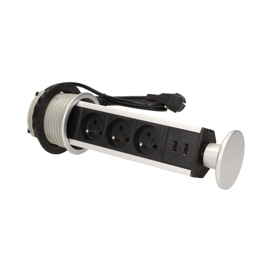 Gniazdo meblowe Ø8cm wysuwane z blatu z ładowarką USB i przewodem 1,8m, 3x2P+Z, 2xUSB