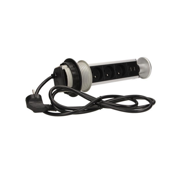 Gniazdo meblowe Ø8cm wysuwane z blatu z ładowarką USB i przewodem 1,8m, 3x2P+Z, 2xUSB