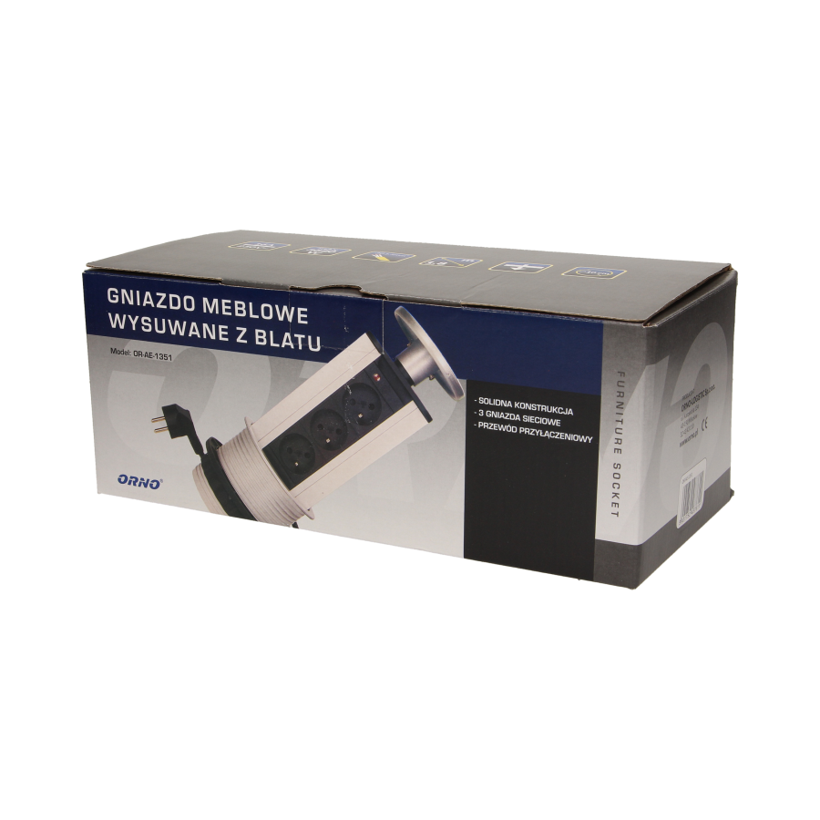 Gniazdo meblowe Ø10cm wysuwane z blatu z przewodem 1,8m, 3x2P+Z