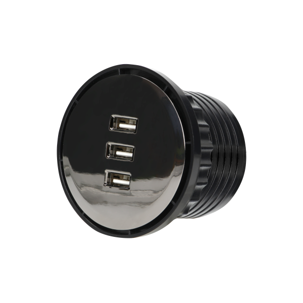 Ładowarka 3xUSB wpuszczana w blat, 5V total 3.1A, max. 2,1A/port, przewód 1,5m, czarny połysk