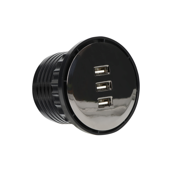 Ładowarka 3xUSB wpuszczana w blat, 5V total 3.1A, max. 2,1A/port, przewód 1,5m, czarny połysk