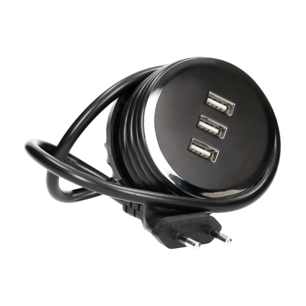 Recessed desktop charging station 3xUSB, 5V total 3.1A, max. 2,1A/port, 1.5m cable