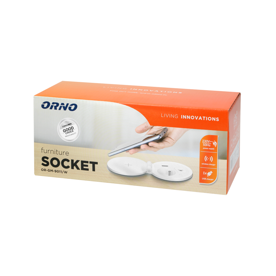 Gniazdo meblowe Ø8cm wpuszczane w blat z ładowarką indukcyjną, ładowarką USB, przelotką kablową i przewodem 2m, 1x2P+Z, 1xUSB 2,4A 5V, białe