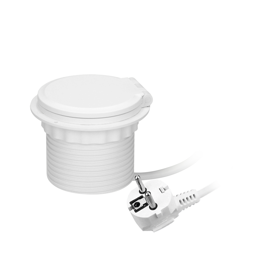 Gniazdo meblowe Ø8cm wpuszczane w blat z ładowarką indukcyjną, ładowarką USB, przelotką kablową i przewodem 2m, 1x2P+Z, 1xUSB 2,4A 5V, białe