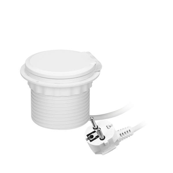 Gniazdo meblowe Ø8cm wpuszczane w blat z ładowarką indukcyjną, ładowarką USB, przelotką kablową i przewodem 2m, 1x2P+Z, 1xUSB 2,4A 5V, białe