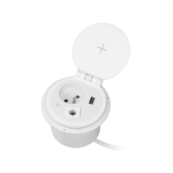 Recessed desk socket with induction charger, USB charger and other replaceable modules, cable 2m long, white