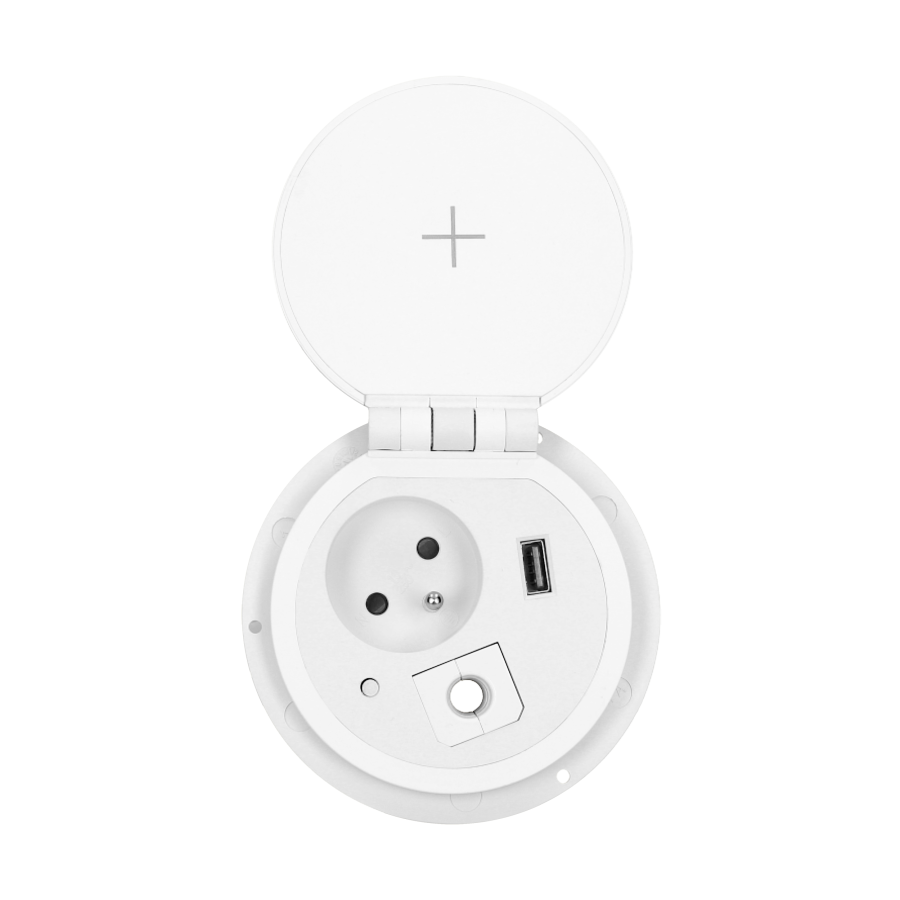 Recessed desk socket with induction charger, USB charger and other replaceable modules, cable 2m long, white