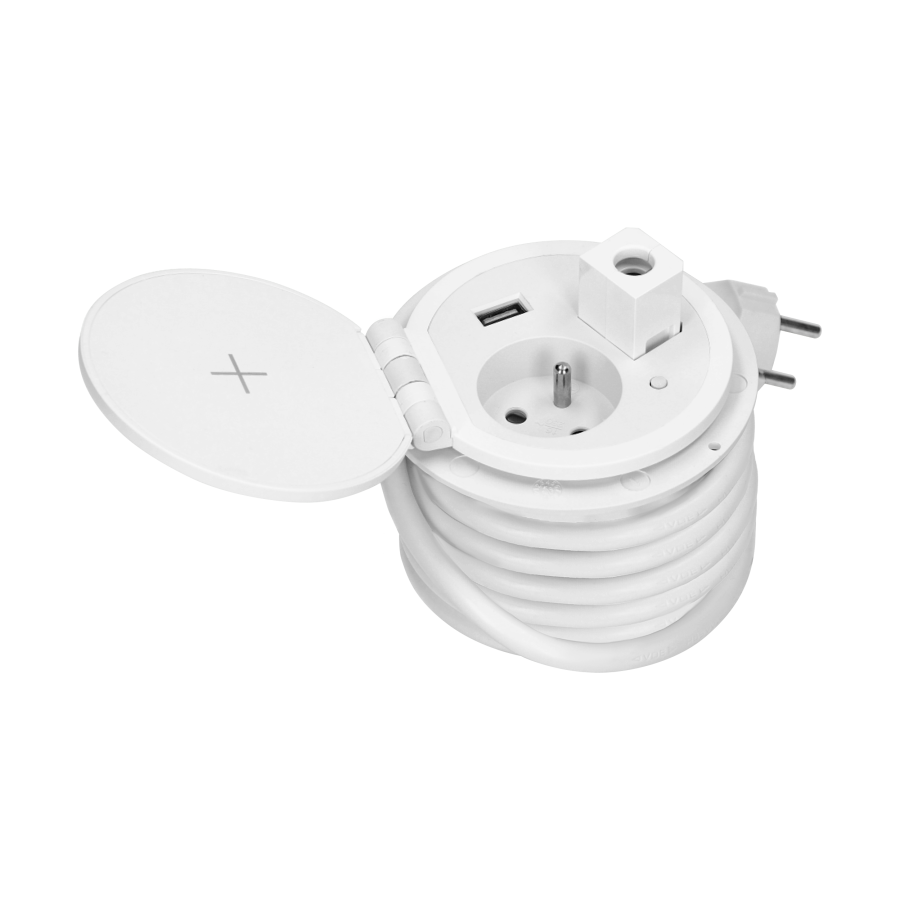 Recessed desk socket with induction charger, USB charger and other replaceable modules, cable 2m long, white