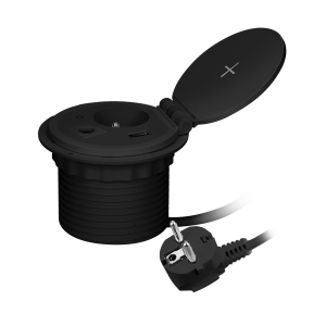 Recessed desk socket with induction charger, USB charger and other replaceable modules, cable 2m long, black