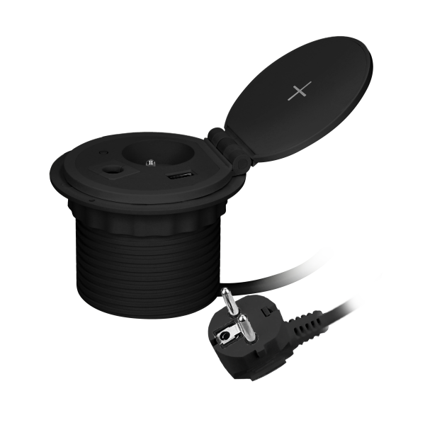 Gniazdo meblowe Ø8cm wpuszczane w blat z ładowarką indukcyjną, ładowarką USB, przelotką kablową i przewodem 2m, 1x2P+Z, 1xUSB 2,4A 5V, czarne