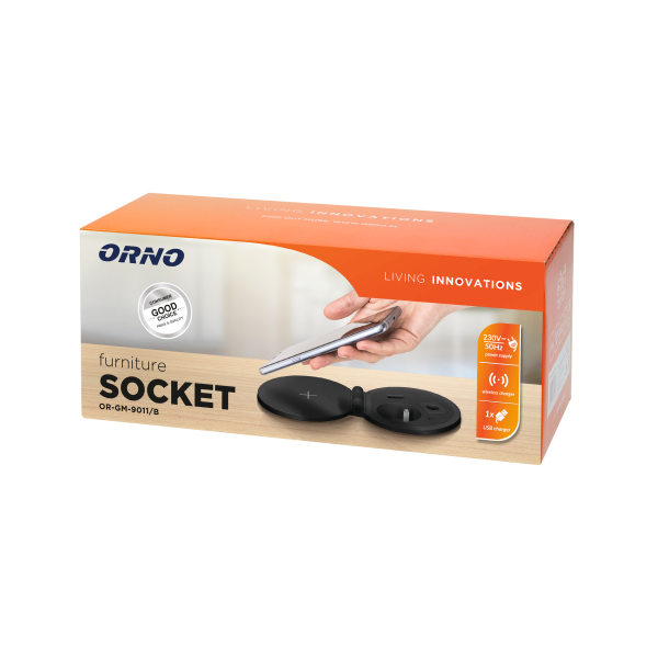 Gniazdo meblowe Ø8cm wpuszczane w blat z ładowarką indukcyjną, ładowarką USB, przelotką kablową i przewodem 2m, 1x2P+Z, 1xUSB 2,4A 5V, czarne