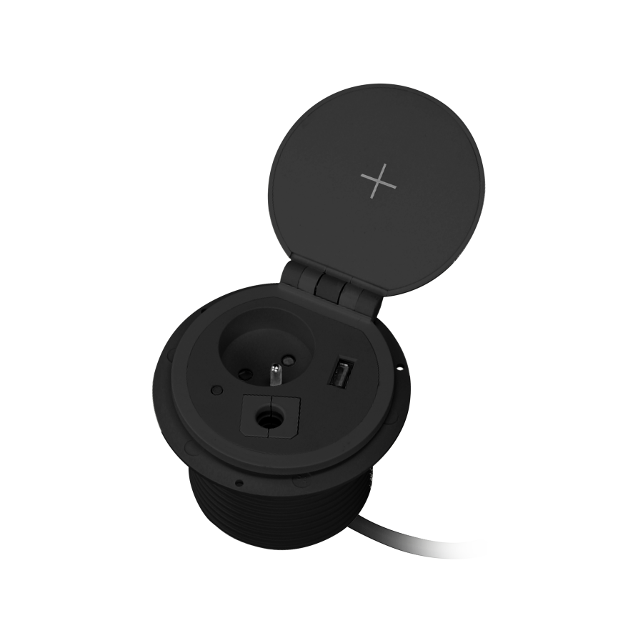 Gniazdo meblowe Ø8cm wpuszczane w blat z ładowarką indukcyjną, ładowarką USB, przelotką kablową i przewodem 2m, 1x2P+Z, 1xUSB 2,4A 5V, czarne