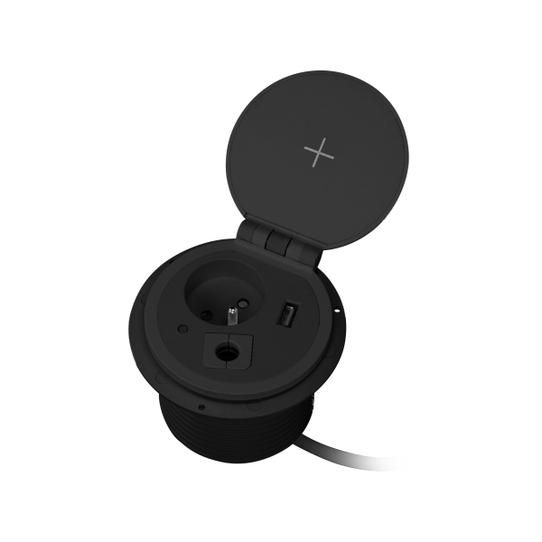 Gniazdo meblowe Ø8cm wpuszczane w blat z ładowarką indukcyjną, ładowarką USB, przelotką kablową i przewodem 2m, 1x2P+Z, 1xUSB 2,4A 5V, czarne