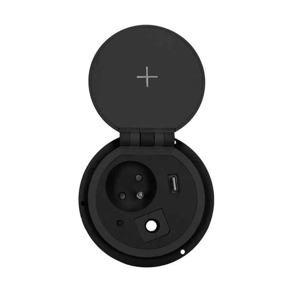 Recessed desk socket with induction charger, USB charger and other replaceable modules, cable 2m long, black