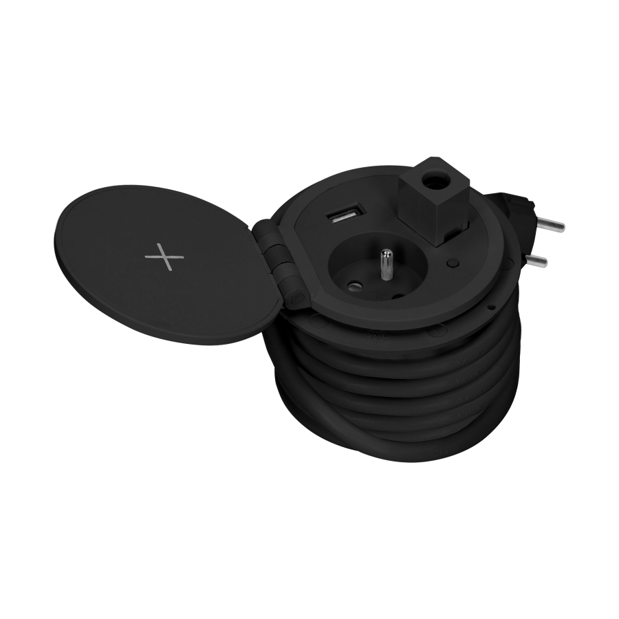 Recessed desk socket with induction charger, USB charger and other replaceable modules, cable 2m long, black