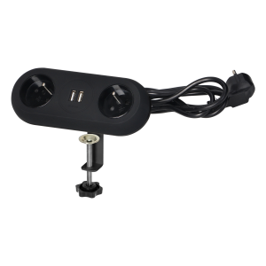 Desktop extension socket with USB chargers and clamp holders - 2 x 2P+E sockets, 2xUSB, cord 3x1mm², 1.5m long, black