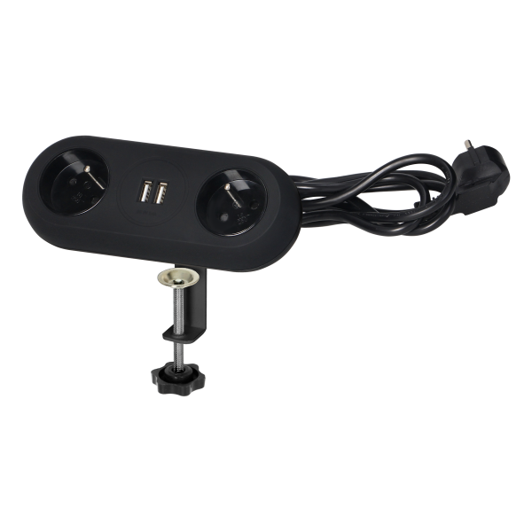 Desktop extension socket with USB chargers and clamp holders - 2 x 2P+E sockets, 2xUSB, cord 3x1mm², 1.5m long, black