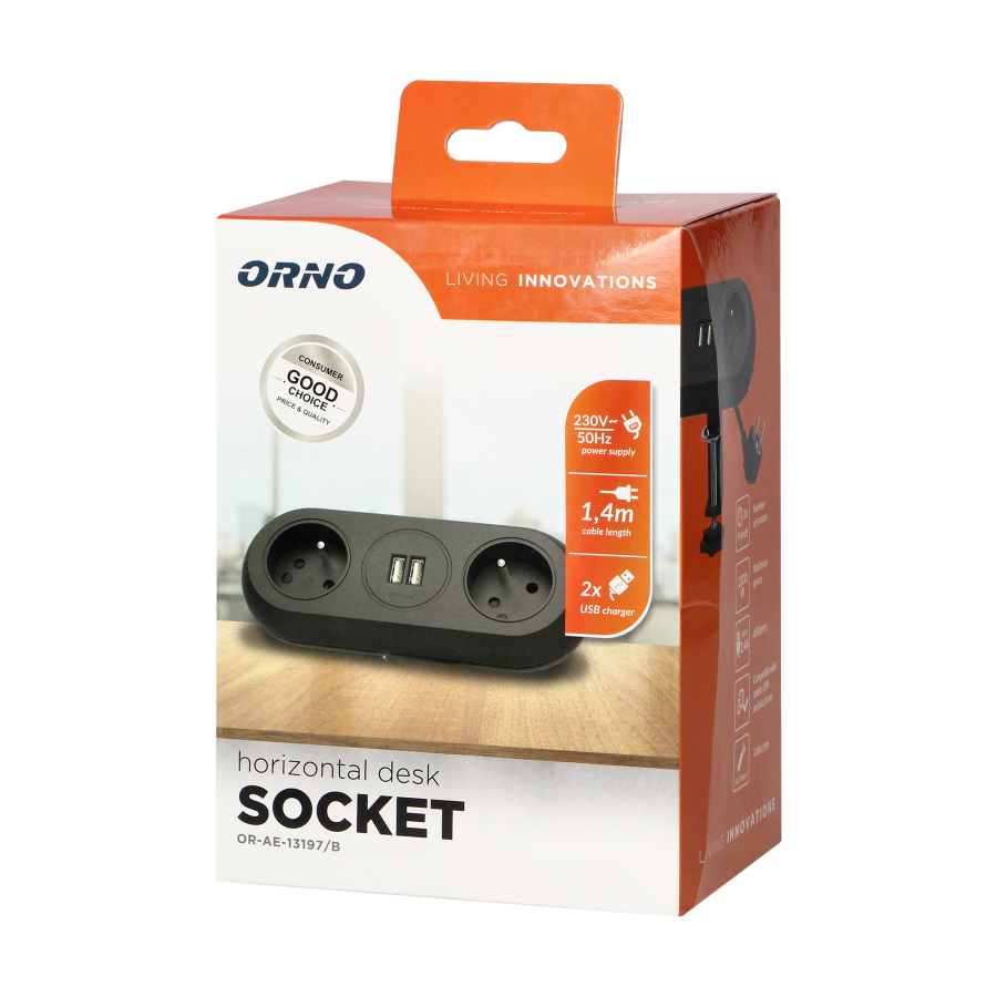 Desktop extension socket with USB chargers and clamp holders - 2 x 2P+E sockets, 2xUSB, cord 3x1mm², 1.5m long, black