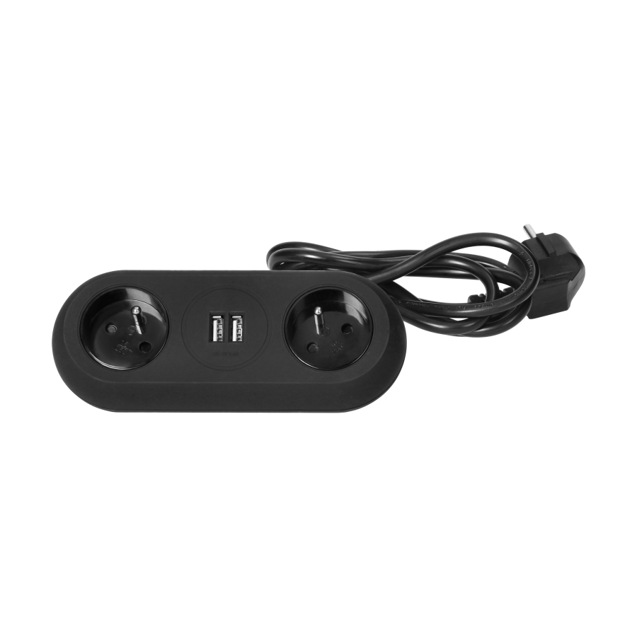 Desktop extension socket with USB chargers and clamp holders - 2 x 2P+E sockets, 2xUSB, cord 3x1mm², 1.5m long, black