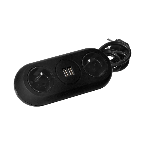 Gniazdo meblowe z uchwytem montażowym, ładowarką USB, 2 gniazda 2P+Z, 2xUSB, przewód 3x1,0mm² - 1,5m, czarne