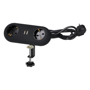 Gniazdo meblowe z uchwytem montażowym, ładowarką USB, 2 gniazda 2P+Z (Schuko), 2xUSB, przewód 3x1,5mm² - 1,4m, czarne