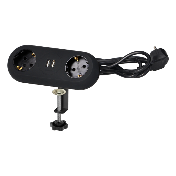 Desktop extension sockets with USB chargers and clamp holder, 2x2P+E (Schuko), 2xUSB, 1.4m, black