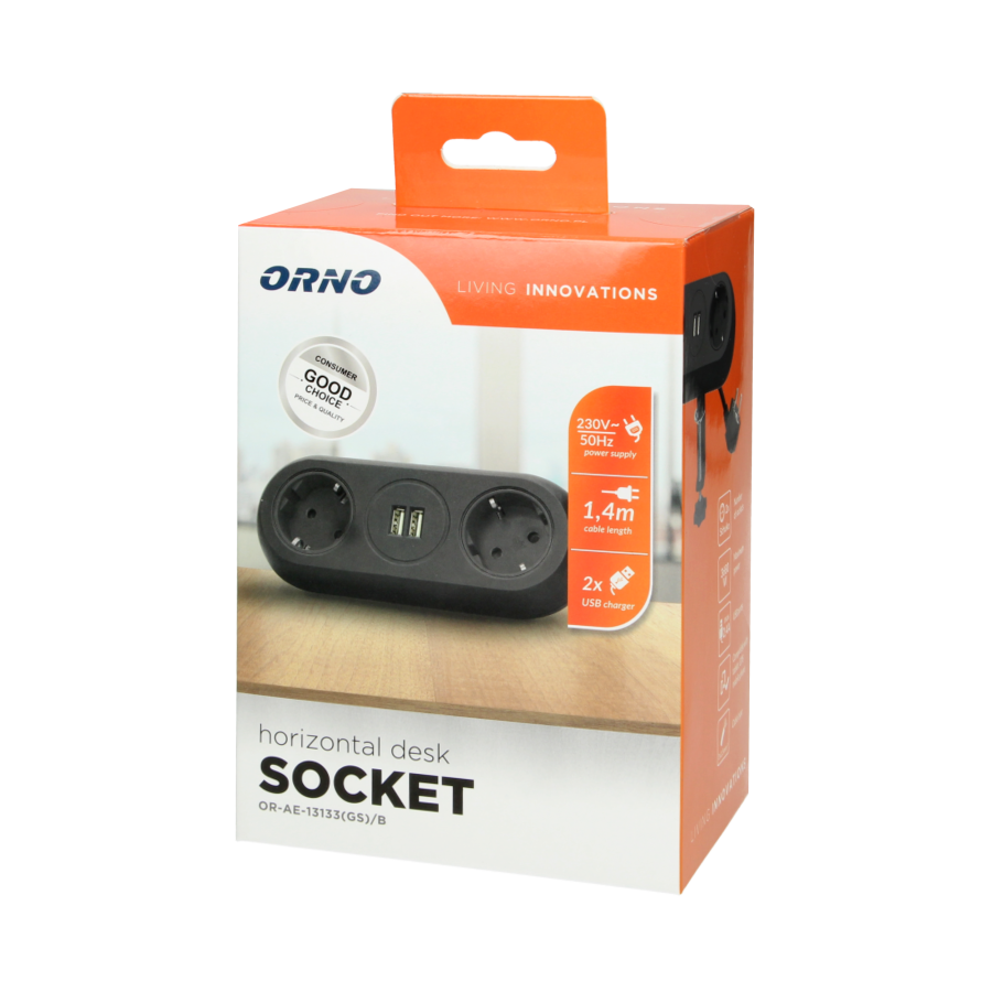 Desktop extension sockets with USB chargers and clamp holder, 2x2P+E (Schuko), 2xUSB, 1.4m, black