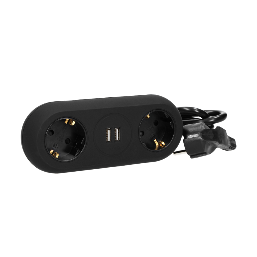 Gniazdo meblowe z uchwytem montażowym, ładowarką USB, 2 gniazda 2P+Z (Schuko), 2xUSB, przewód 3x1,5mm² - 1,4m, czarne