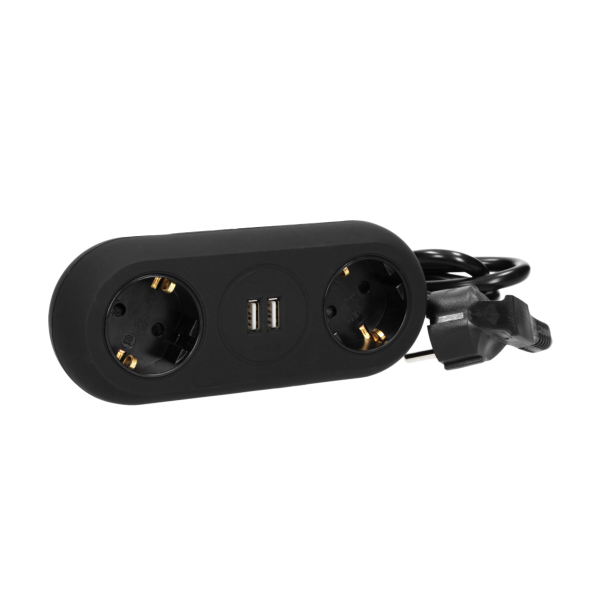 Gniazdo meblowe z uchwytem montażowym, ładowarką USB, 2 gniazda 2P+Z (Schuko), 2xUSB, przewód 3x1,5mm² - 1,4m, czarne