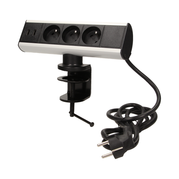 Gniazdo meblowe z uchwytem montażowym, ładowarką USB i przewodem 1,8m, 3x2P+Z, 2xUSB
