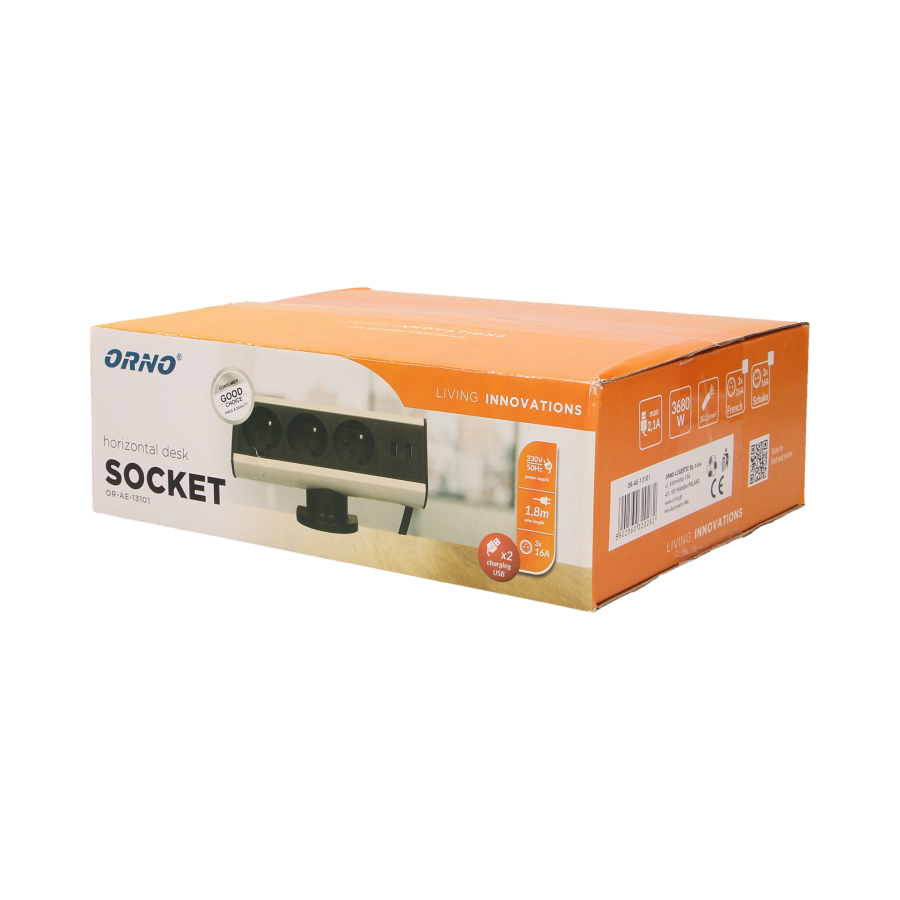 Gniazdo meblowe z uchwytem montażowym, ładowarką USB i przewodem 1,8m, 3x2P+Z, 2xUSB