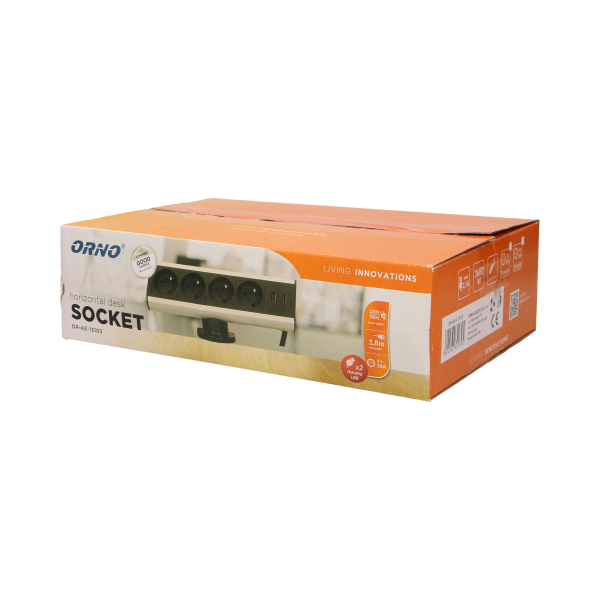 Gniazdo meblowe z uchwytem montażowym, ładowarką USB i przewodem 1,8m, 4x2P+Z, 2xUSB