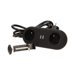 Gniazdo meblowe z uchwytem montażowym, ładowarką USB, 2 gniazda 2P+Z, 2xUSB, przewód 3x1,5mm² - 1,4m, czarne