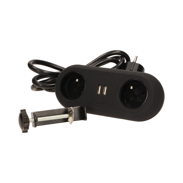 Gniazdo meblowe z uchwytem montażowym, ładowarką USB, 2 gniazda 2P+Z, 2xUSB, przewód 3x1,5mm² - 1,4m, czarne