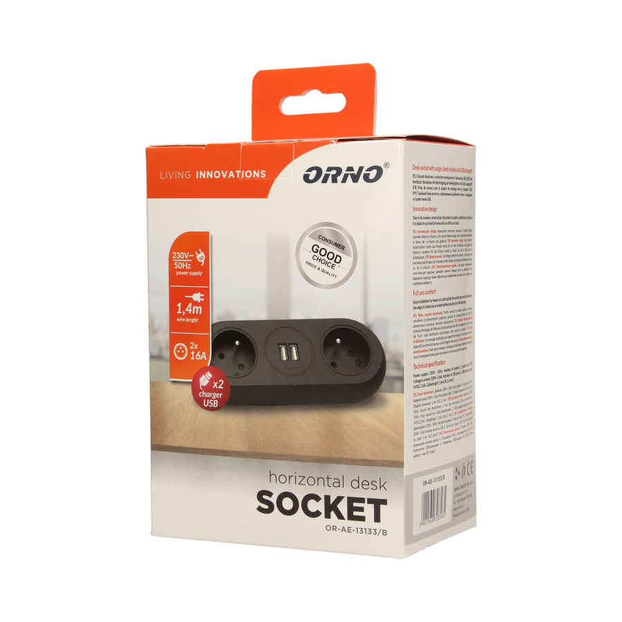 Gniazdo meblowe z uchwytem montażowym, ładowarką USB, 2 gniazda 2P+Z, 2xUSB, przewód 3x1,5mm² - 1,4m, czarne