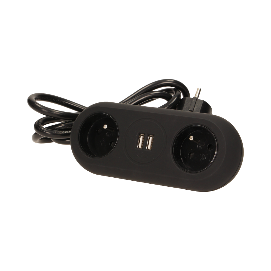 Desktop extension socket with USB chargers and clamp holders, black
