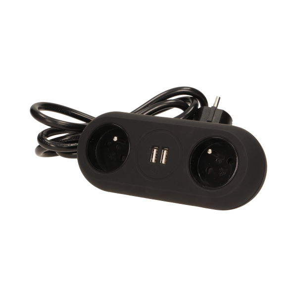 Desktop extension socket with USB chargers and clamp holders, black
