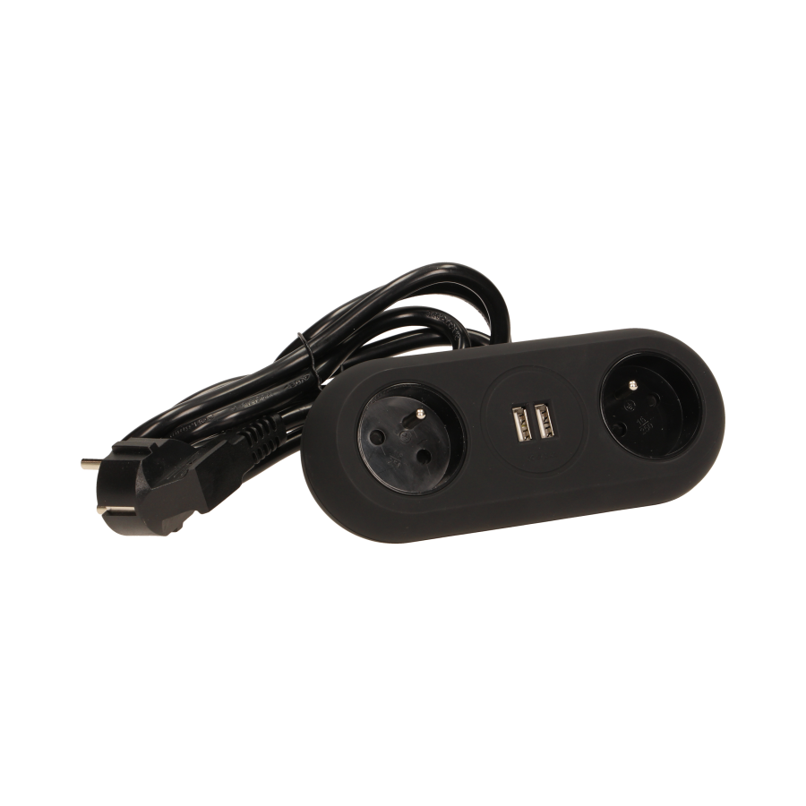 Desktop extension socket with USB chargers and clamp holders, black