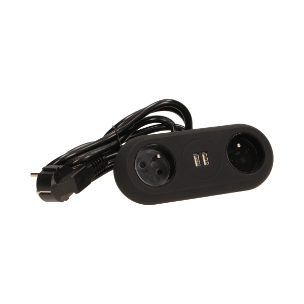 Desktop extension socket with USB chargers and clamp holders, black