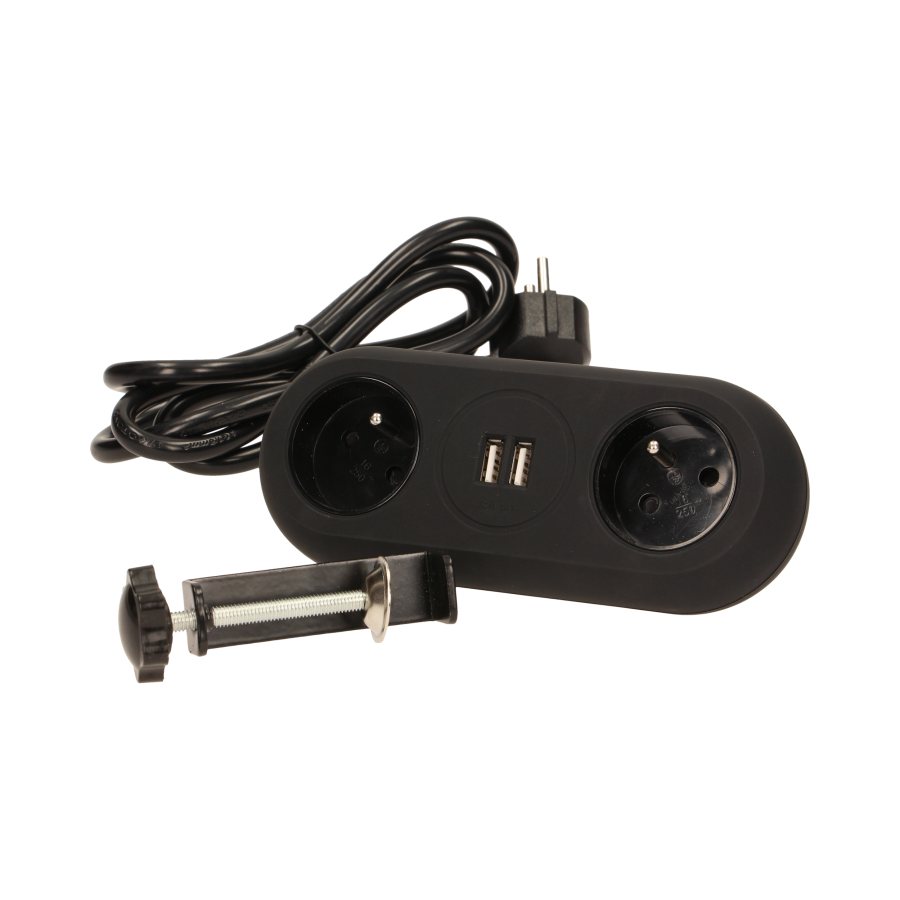 Desktop extension socket with USB chargers and clamp holders, black