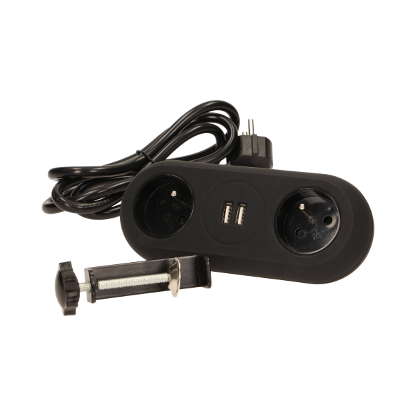 Gniazdo meblowe z uchwytem montażowym, ładowarką USB, 2 gniazda 2P+Z, 2xUSB, przewód 3x1,5mm² - 1,4m, czarne