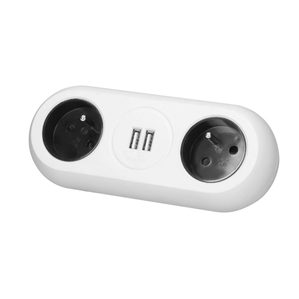 Gniazdo meblowe z uchwytem montażowym, ładowarką USB, 2 gniazda 2P+Z, 2xUSB, przewód 3x1,5mm² - 1,4m, białe