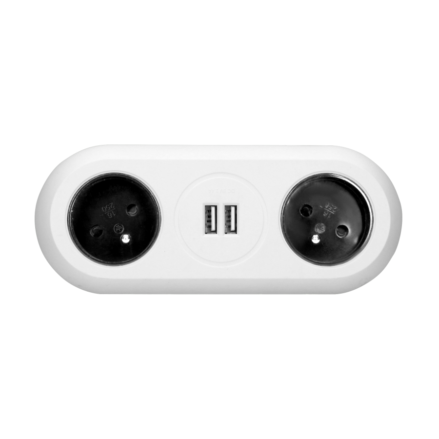 Gniazdo meblowe z uchwytem montażowym, ładowarką USB, 2 gniazda 2P+Z, 2xUSB, przewód 3x1,5mm² - 1,4m, białe