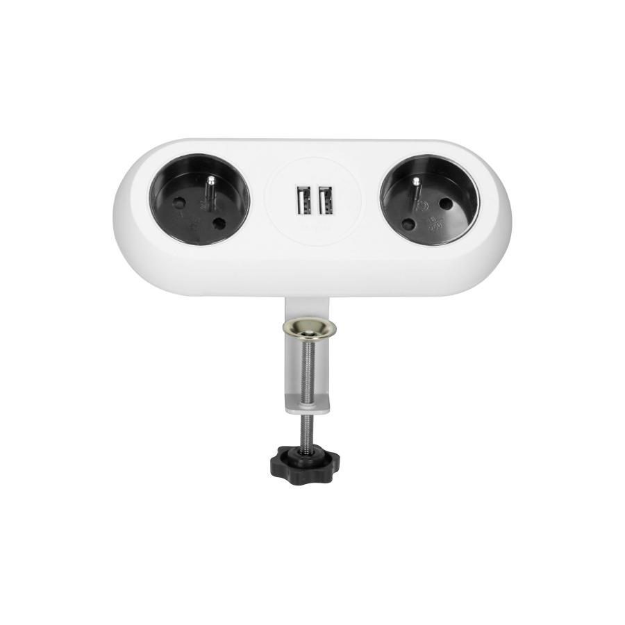 Desktop extension socket with USB chargers and clamp holders, white